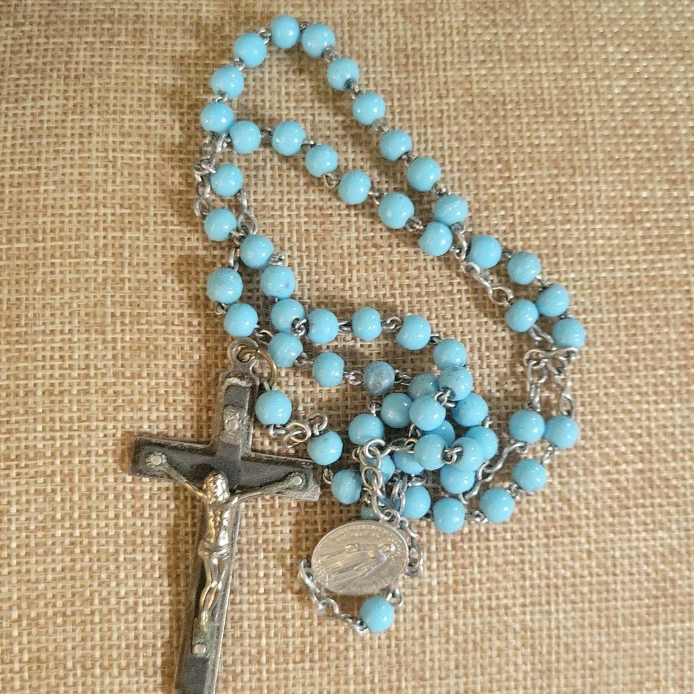 Vintage Baby Blue Glass Bead Travel Rosary Catholic Crucifix 15" Cottagecore